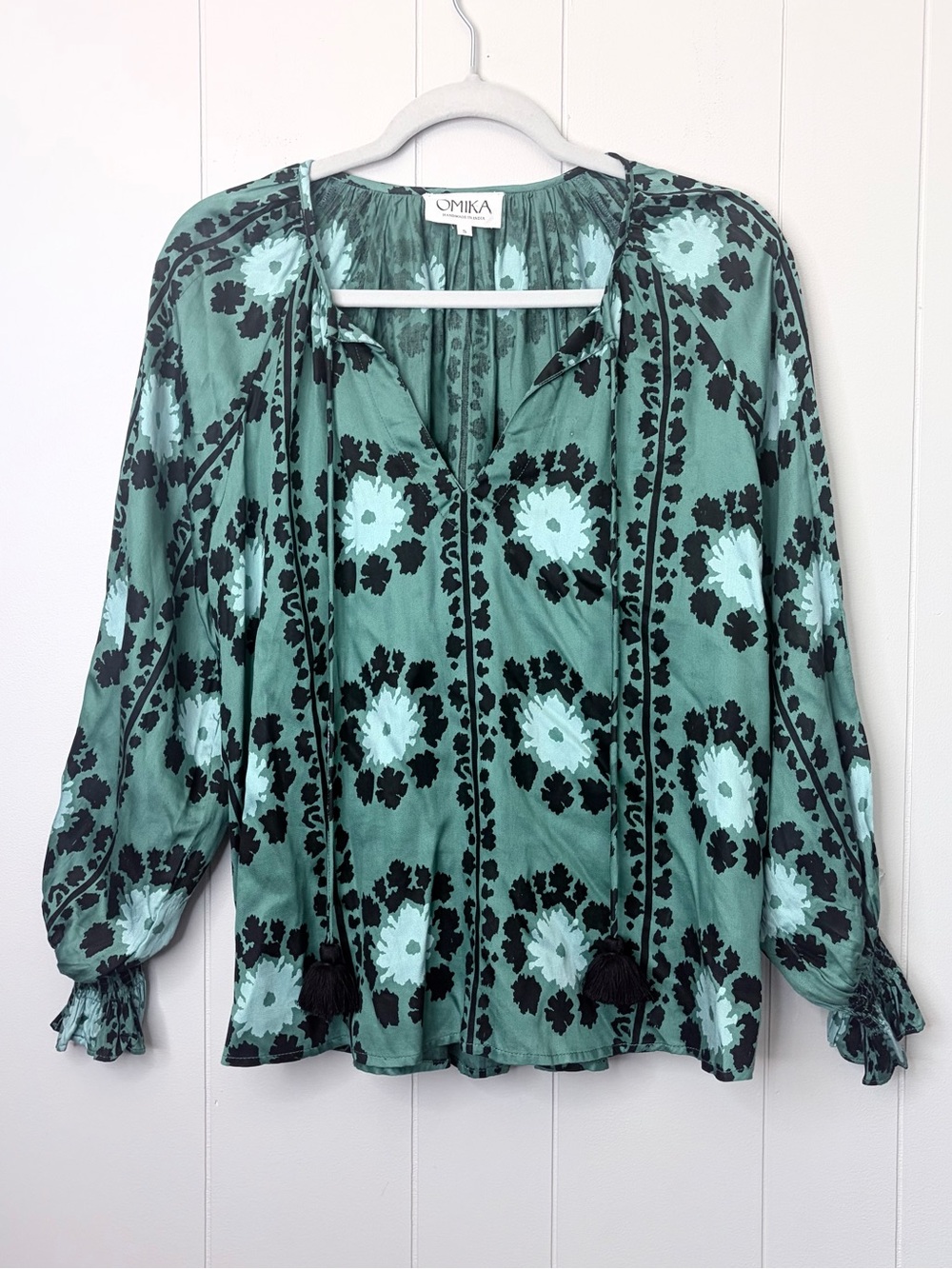 Omika Green Floral Tassel Peasant Blouse Silky Blockprint India Handmade Small